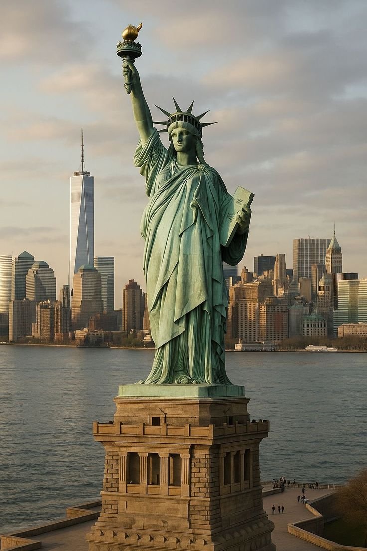 The Statue of Liberty with the Manhattan skyline